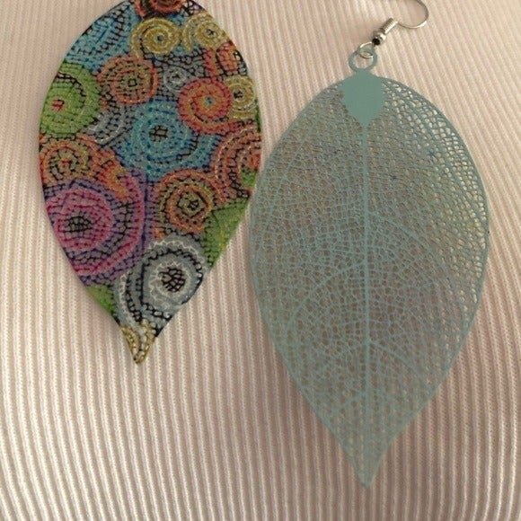 Large Filigree Colorful Swirl Leaf Drop Earrings Pierced NEW - Picture 6 of 7